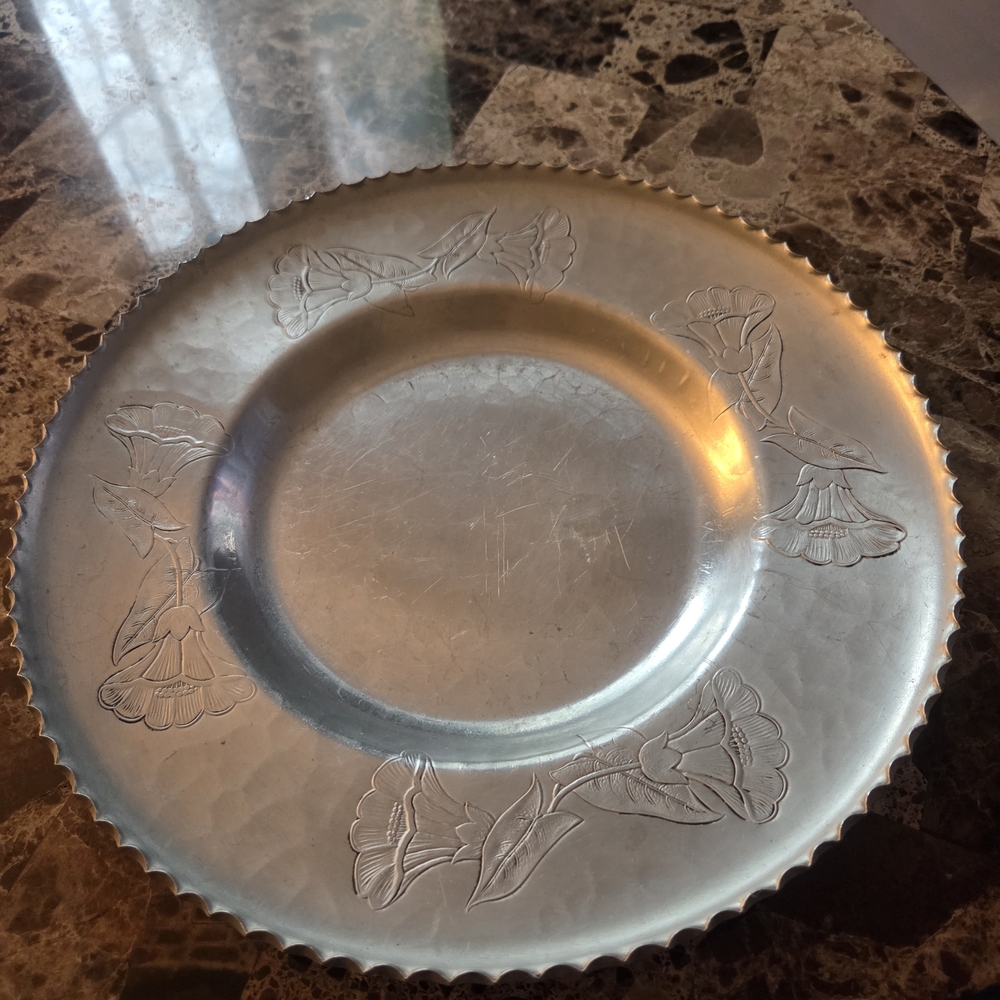 Vintage Farberware Wrought Aluminum Serving Tray Plate Platter Flowers